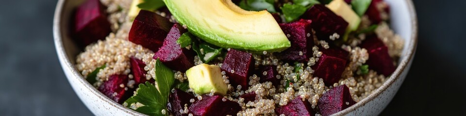 Healthy snack or meal, featuring creamy avocado and sweet beets in a bowl