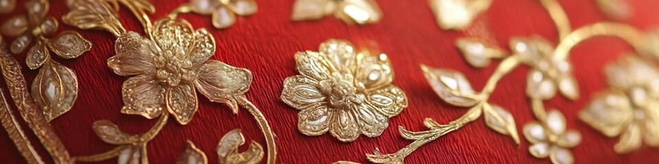 Obraz premium A close-up shot of a red cloth adorned with golden flowers