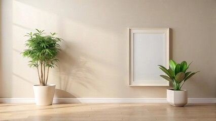 Sunlit Interior Design Mockup Featuring Plants and a Blank Frame for Artwork or Advertisement