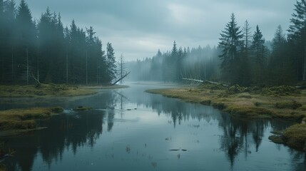 Fototapeta premium Serene misty landscape with a calm river reflecting trees and fog, creating a tranquil natural atmosphere