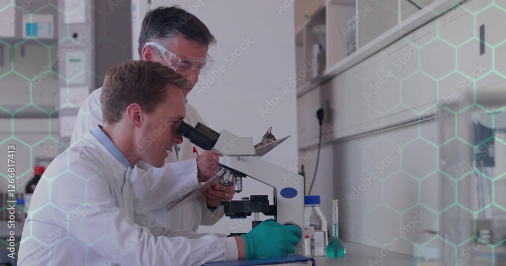 Poster image of scientific data processing over diverse scientists in laboratory
