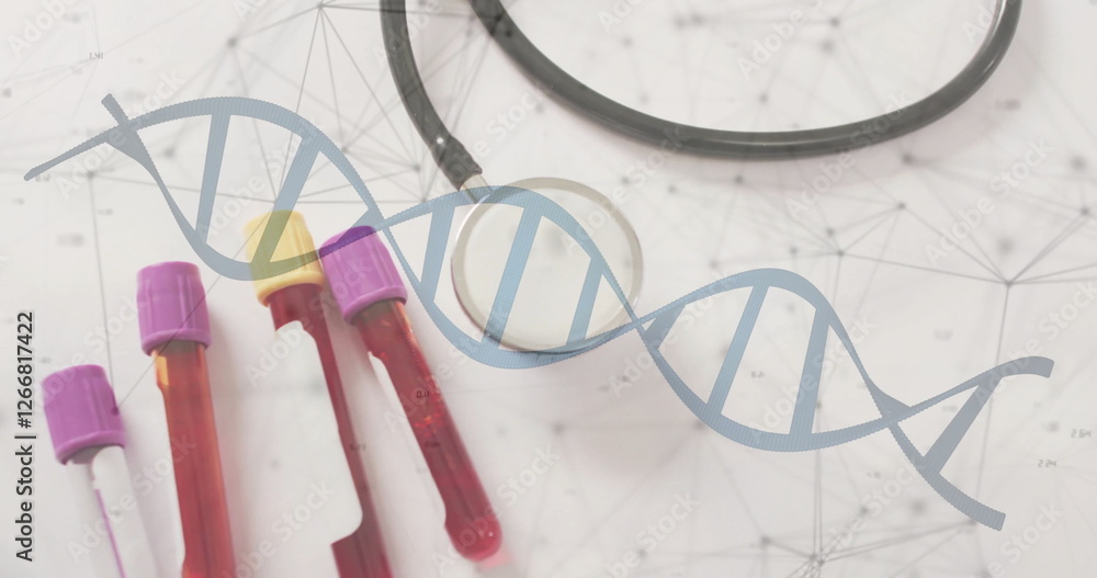 Poster image of dna strand and data processing over stethoscope