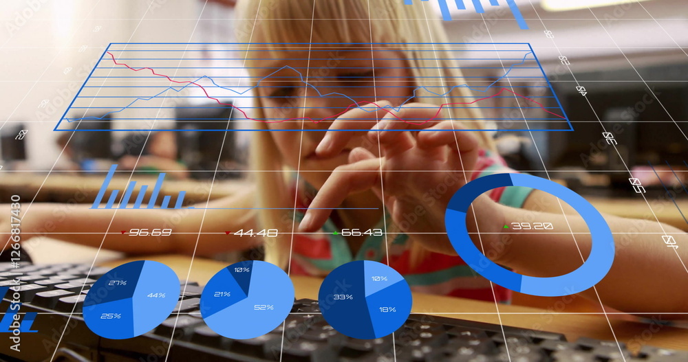 Poster image of data processing and diagrams over caucasian girl using computer