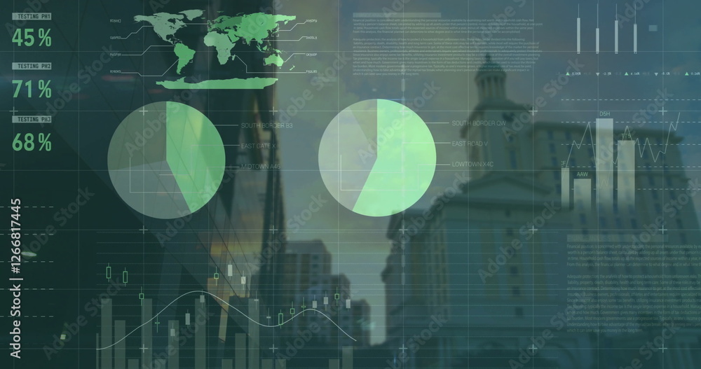 Poster image of data processing and diagrams over cityscape
