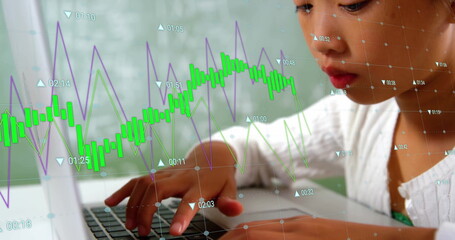 Image of data processing over asian girl using laptop