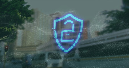 Image of padlock in shield over cityscape