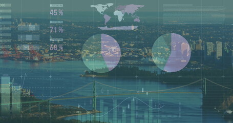 Image of data processing and diagrams over cityscape