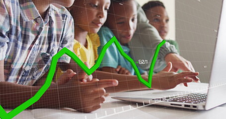 Image of data processing over diverse schoolchildren using laptop