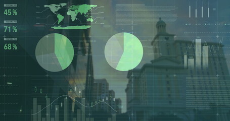 Image of data processing and diagrams over cityscape