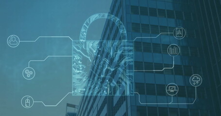 Image of padlock with icons over cityscape