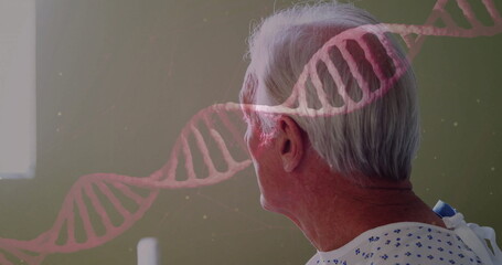 Image of dna strand over senior caucasian man in hospital