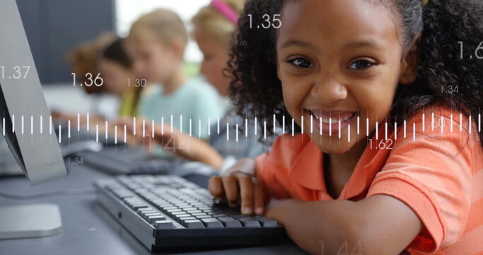 Image of data processing over diverse schoolchildren using computers