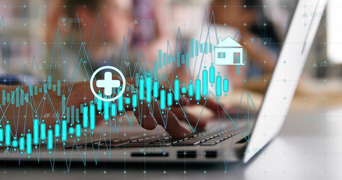 Image of data processing over diverse schoolchildren using laptop