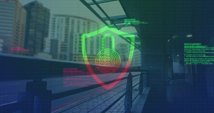 Image of padlock in shield over data processing and train station - Powered by Adobe