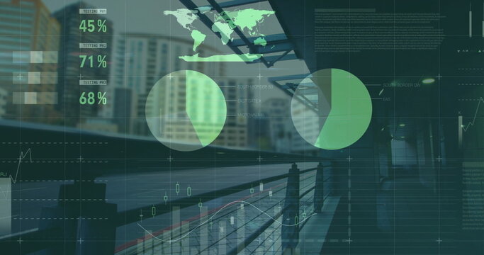 Image of data processing and diagrams over train station