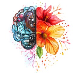 Computer circuit board with a flower and brainwave patterns representing technology and nature