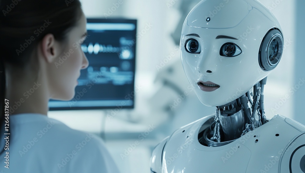 Poster advanced humanoid robot interacts with scientist, exploring future ai technology and its implication