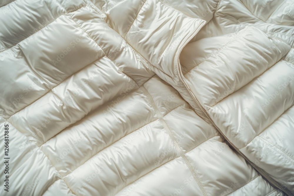 Poster a detailed view of a white quilted jacket with textured fabric and stitching
