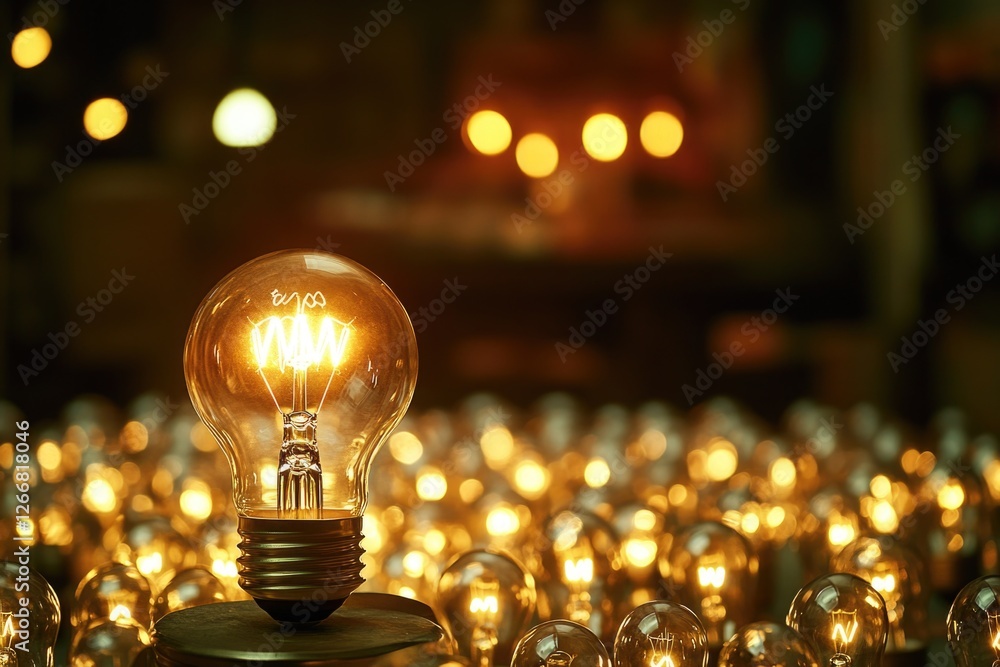 Poster a collection of light bulbs arranged on a table, suitable for use as a decorative element or in a st