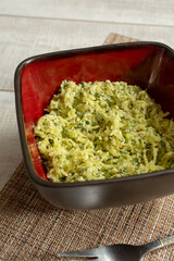 A view of a bowl of pesto spaghetti squash.