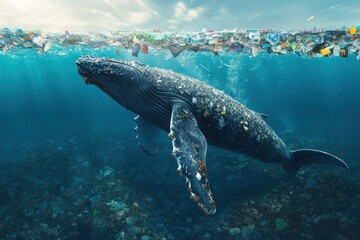 A whale is seen navigating through deep ocean waters while its tail is engulfed in plastic waste, highlighting environmental concerns