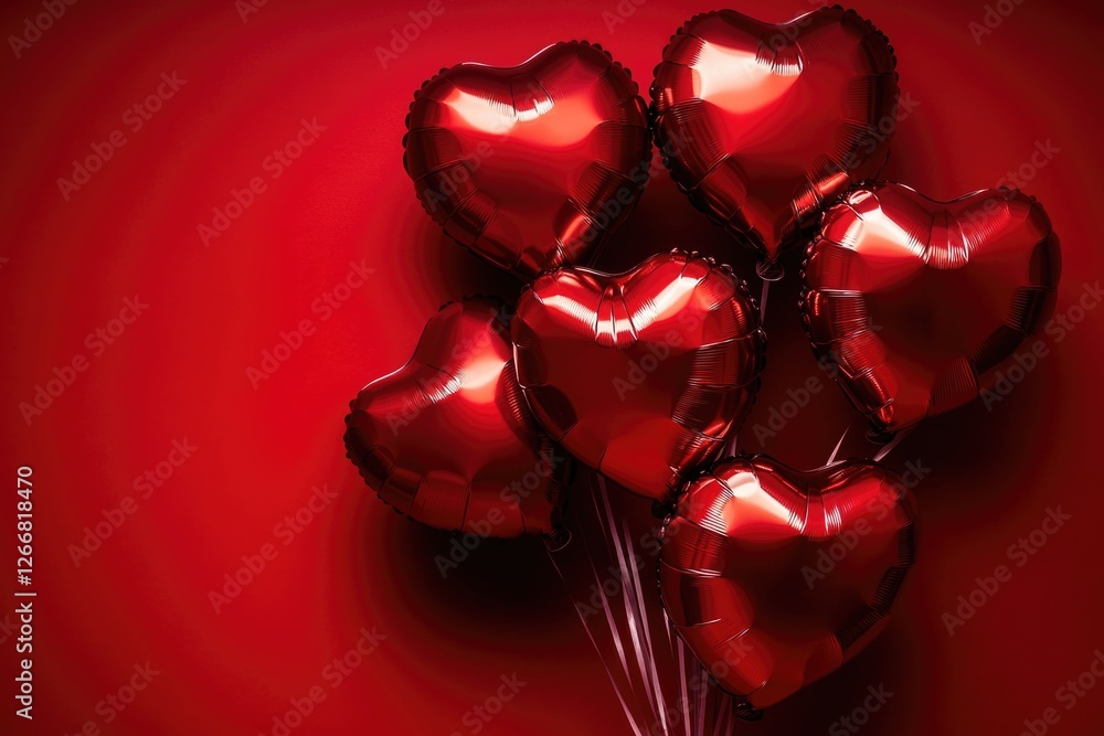 Poster a cluster of bright red heart-shaped balloons against a solid red background