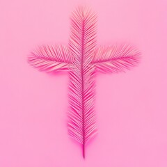 Pink Palm Fronds Arranged in Cross Shape on Pink Background