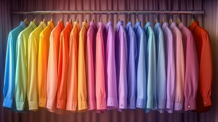 Colorful shirts hanging in closet, home organisation, sales, shop, background curtain