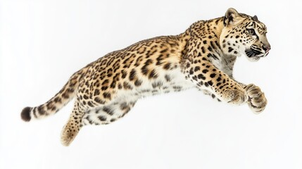 Naklejka premium A leopard jumps and plays in the snow-covered terrain