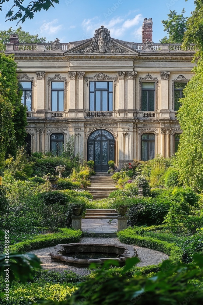 Aufkleber A large building with a fountain in front of it, suitable for use as an architectural background or a landmark