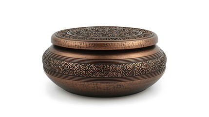 A large, ornate, gold colored bowl with a lid sits on a white background