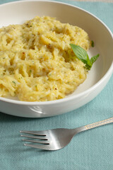 A view of a bowl of spaghetti squash Alfredo.