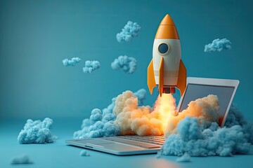 Orange rocket launching from open laptop keyboard amidst fluffy blue clouds, studio shot against a blue background.  Digital illustration, 3d rendering,  creative start up concept, technology