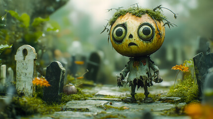 Creepy Pumpkin Head Character in Haunted Graveyard