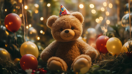 Cute Teddy Bear with Party Hat Surrounded by Balloons and Festive Decor
