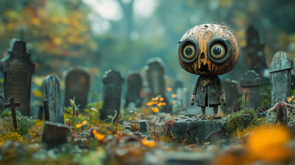 Eerie Pumpkin Head Character in an Overgrown Graveyard