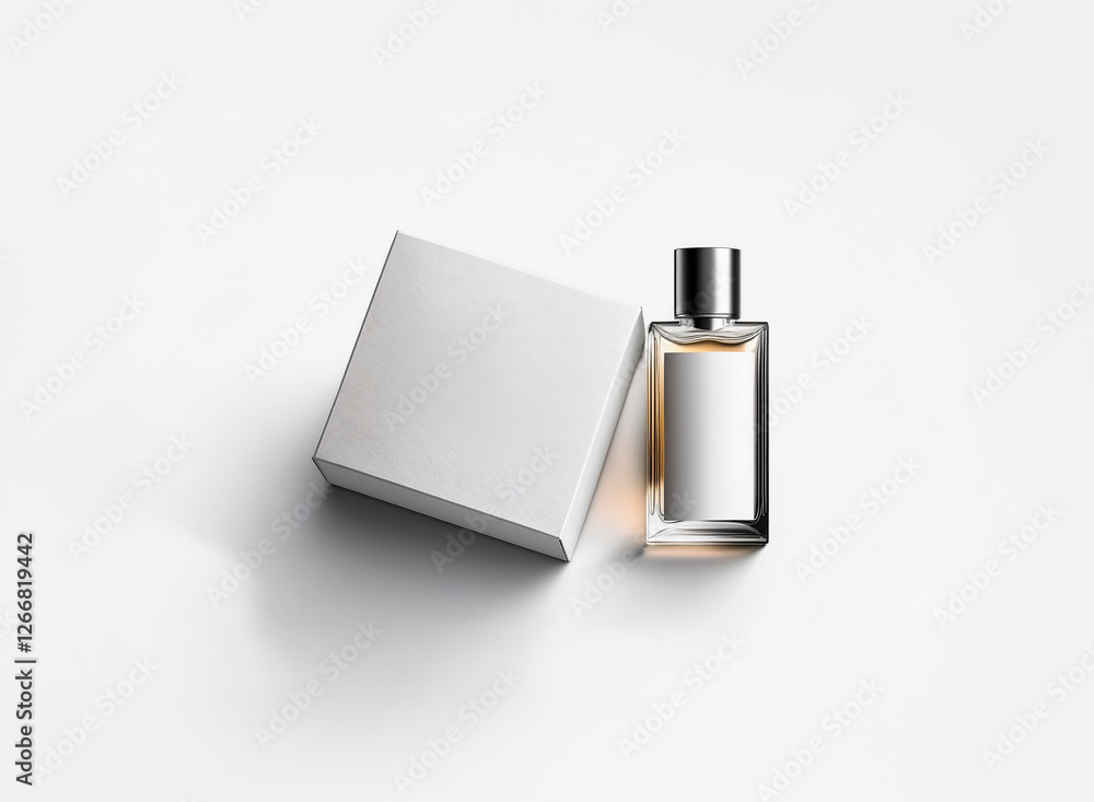 Poster a perfume bottle with a silver cap and a blank label is placed next to a square box on a clean white