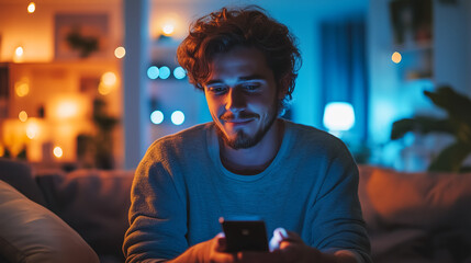 Man Smiling While Using Smartphone in Cozy Living Room with Ambient Lighting