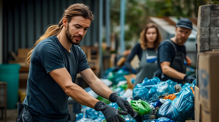 Recycling Volunteers Sorting Waste at a Collection Facility