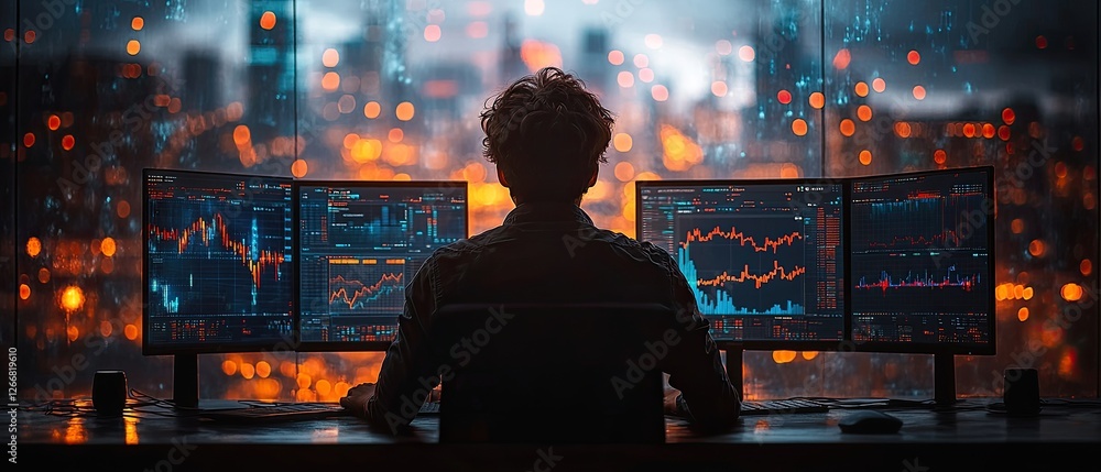 Poster person intently focused on multiple computer screens displaying financial charts and graphs in a dar