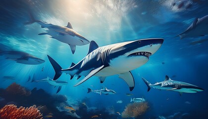 Fototapeta premium Shark fishes in the clear ocean 