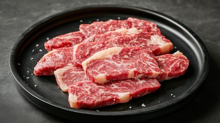 Fototapeta premium A black plate featuring raw meat on a table