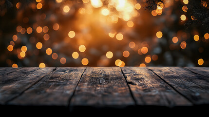 Wooden Table with Bokeh Lights Background