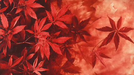 Close-up of red maple leaves, the texture is clearly visible, printed on colored paper with color film
