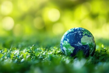 A green globe sits atop a lush green field, perfect for environmental or nature-themed uses