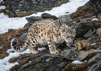 Fototapeta premium Majestic Snow Leopard in the Winter Wilderness
