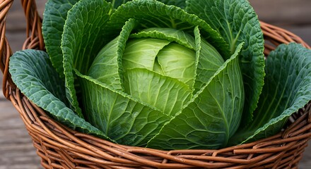 Fototapeta premium A large, round green cabbage with tightly packed leaves, sitting in a wicker basket.