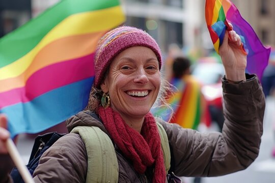 A person holds a colorful rainbow flag on a busy city street, promoting diversity and inclusivity