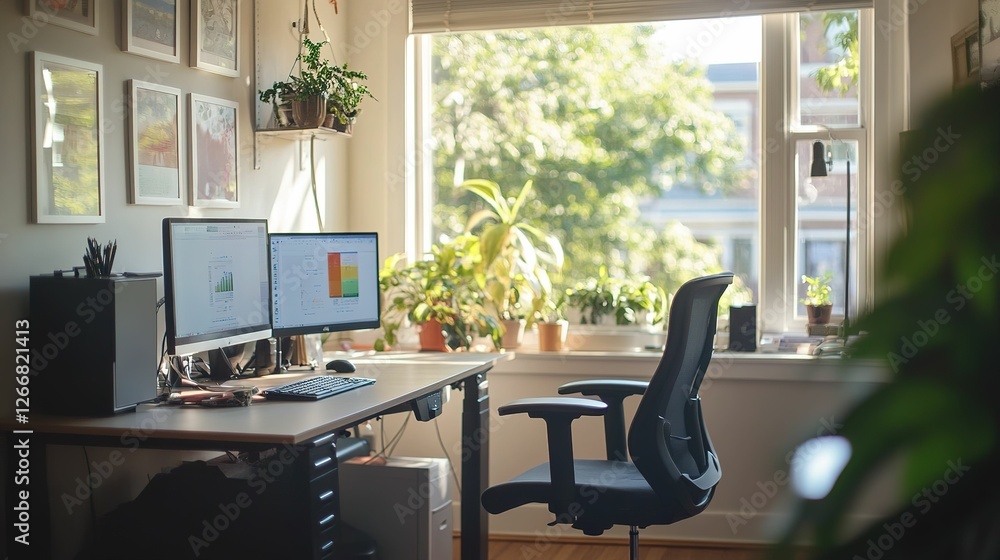 Poster sunlit home office workspace with two computer monitors