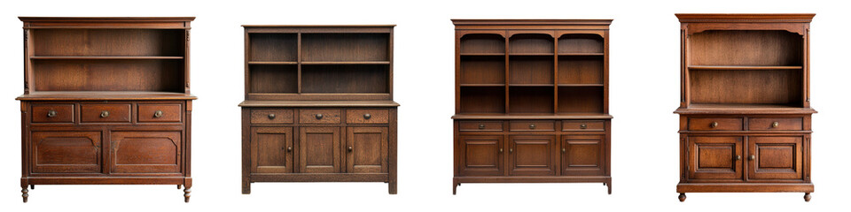 Beautifully crafted antique wooden cabinets and bookshelves showcasing elegant traditional design with ornate carvings intricate patterns and a warm